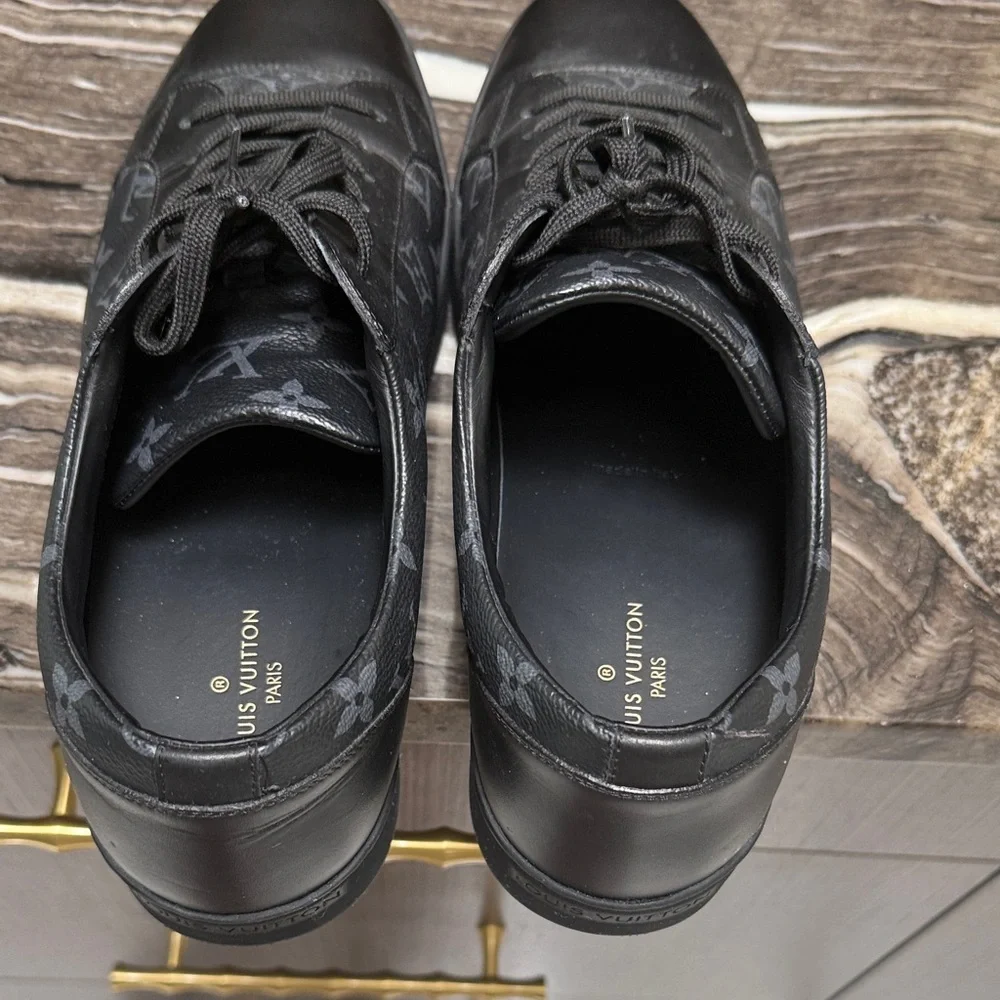 Louis Vuitton Black Leather & Monogram Eclipse Low Top Sneakers Like NEW